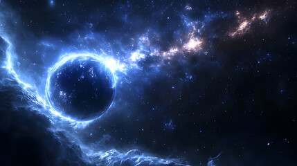 A blue planet in a nebula with a bright glowing halo and a trail of cosmic dust.
