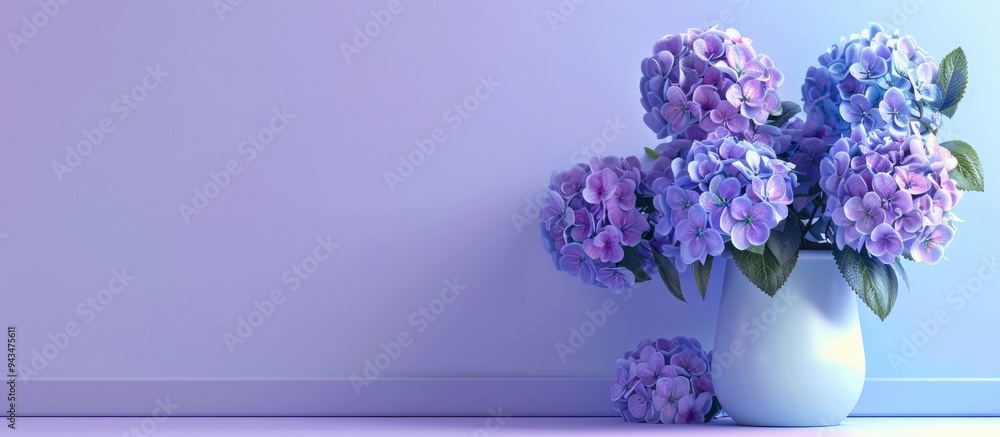 Aufkleber blue and lilac hydrangea flowers in a pot with space to add text or images. creative banner. copyspa