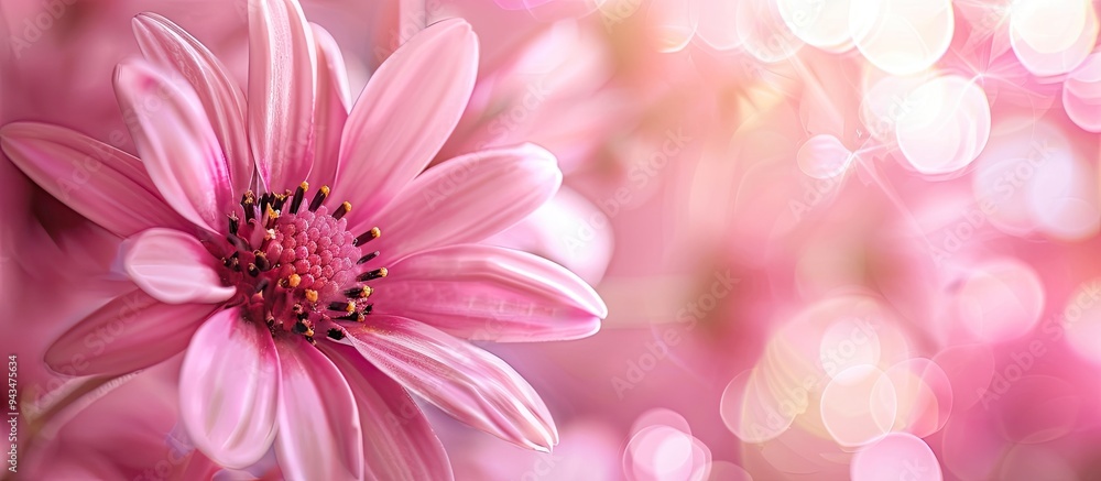 Poster focus on a pink flower up close with a blurred background offering ample space for a copy space imag