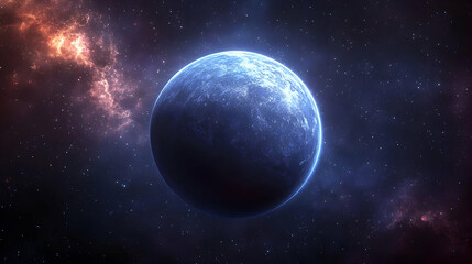 A blue planet in a starry night sky, with a red nebula in the background.