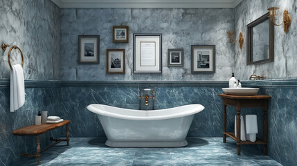 3D rendering of a luxurious marble bathroom with a white bathtub, picture frames on a grey wall, a small wooden table for toiletries, and blue marble flooring and walls, featuring a ceramic basin.