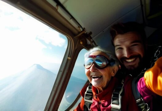 A senior woman enjoys a tandem skydiving experience.