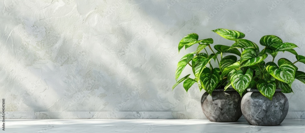 Poster three golden pothos plants also known as devil s ivy displayed in a pot on a white ceramic tile floo