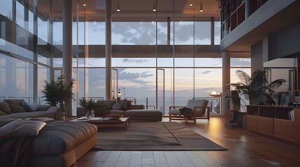 A modern spacious apartment room with big glass window and city view, modern luxurious designer apartment
