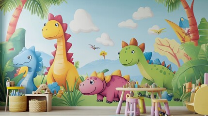 Cartoon dinosaurs wallpaper in bright, vibrant colors, creating an exciting and playful environment for children.