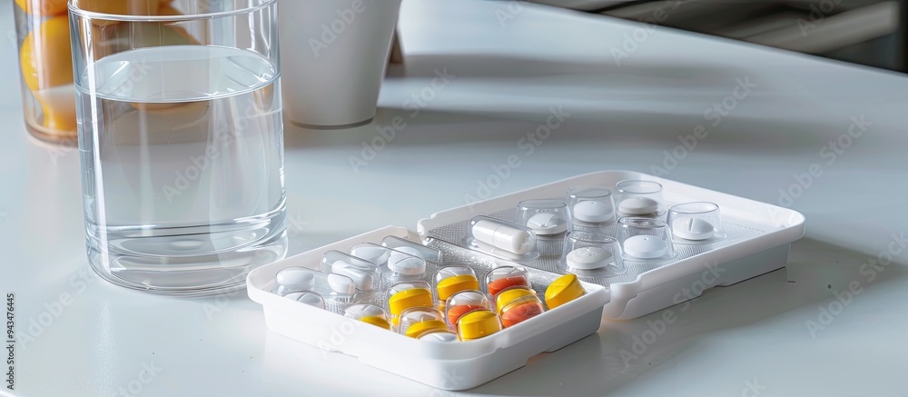 Aufkleber Close up of various pills in a pill organizer next to a glass of water on a white table with a clear area for text in the image. Creative banner. Copyspace image