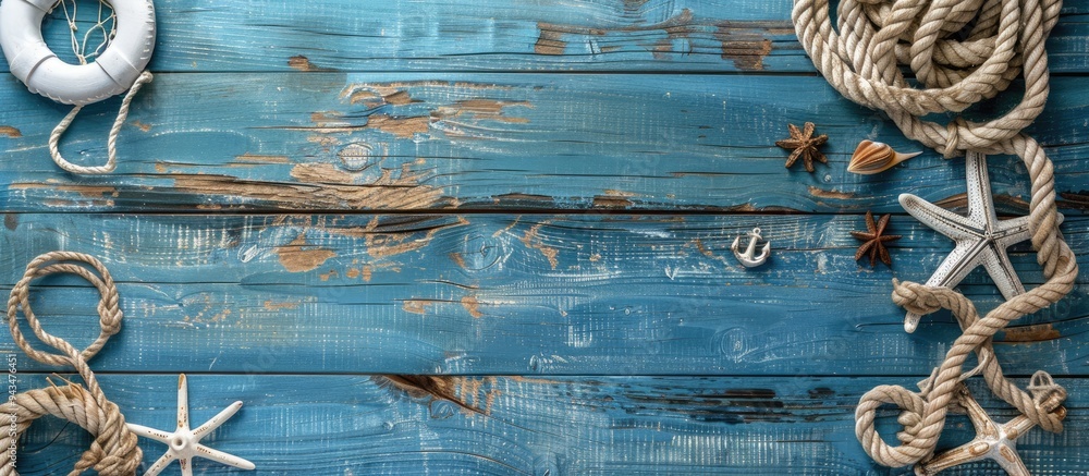Poster top view of a nautical themed summer background on a wooden surface with copy space image