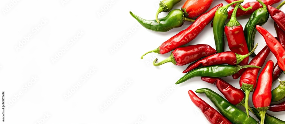 Poster mixed red and green hot chili peppers suitable for sambal or chili sauce on white background in a ho