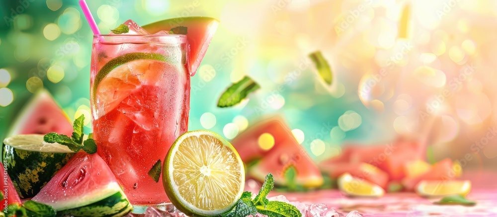 Poster fresh watermelon lemonade garnished with lime and mint displayed on a vibrant backdrop with copy spa