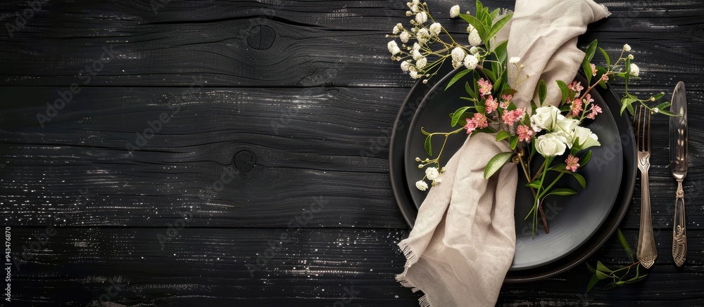 Poster Top view of a chic table setting with cutlery flowers and a napkin on a black wooden surface perfect for adding text with copy space image