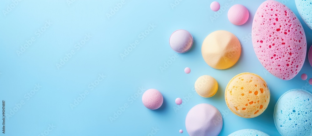 Poster various makeup sponges displayed on a blue background with copy space image