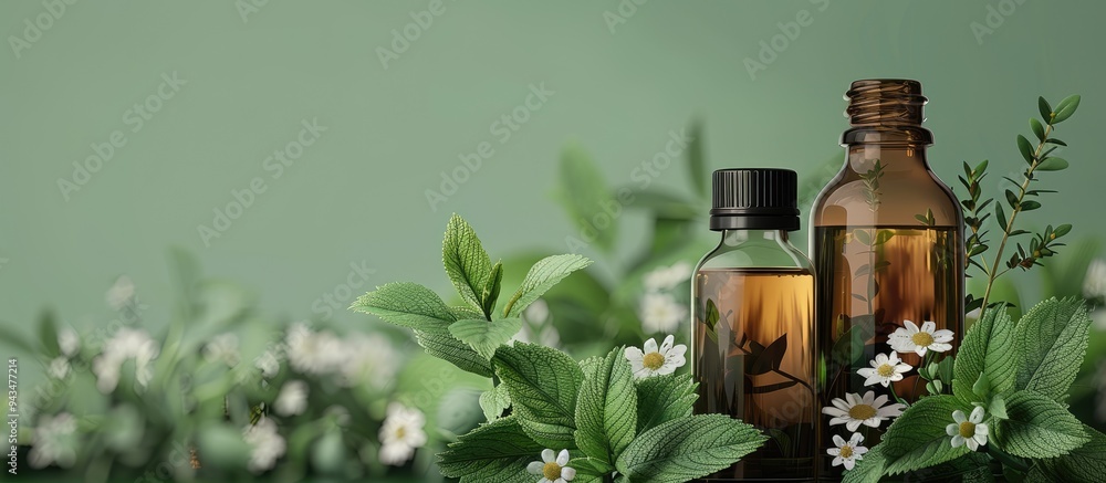 Poster a few bottles of aromatic essential oil with peppermint leaves and flowers displayed in an attractiv