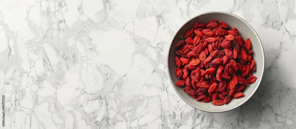 Leinwandbilder top view of a bowl with dried goji berries on a light textured table creating copy space image