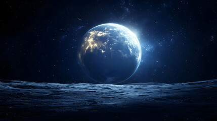 A blue planet rises over a moon-like surface with a starry sky.