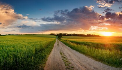 Obraz premium beautiful summer rural landscape panorama of summer green field with empty road and sunset cloudy sky