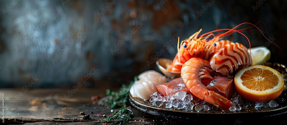 Poster Fresh seafood fillet displayed on a rustic table setting with a copy space image for keto paleo or vegetarian diets