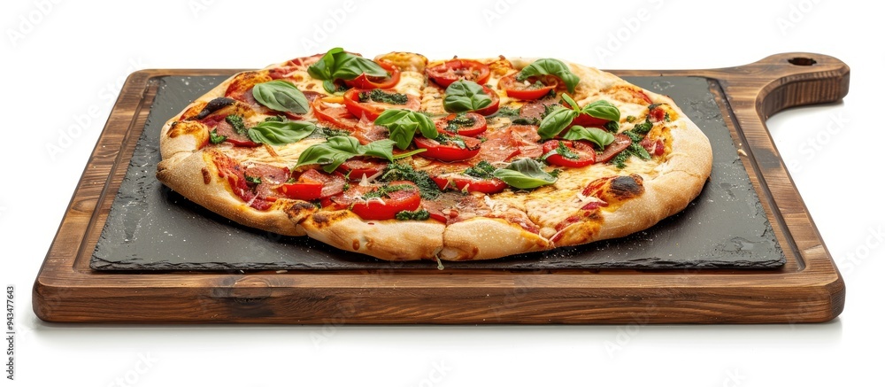 Poster slate stone pizza cutting board on a white background with copy space image