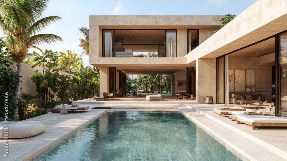 Poster a large house with a pool and a patio