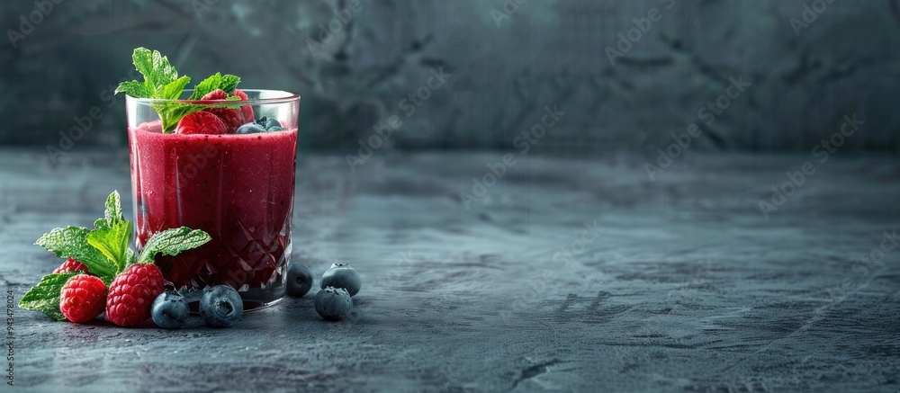 Poster A glass of delicious acai juice garnished with mint and berries on a textured grey table with room for a message in a copy space image