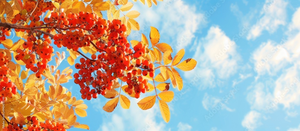 Aufkleber A beautiful fall themed card featuring a rowan tree with autumn leaves and red berries against a blue sky background ideal for back to school season with empty space for additional content