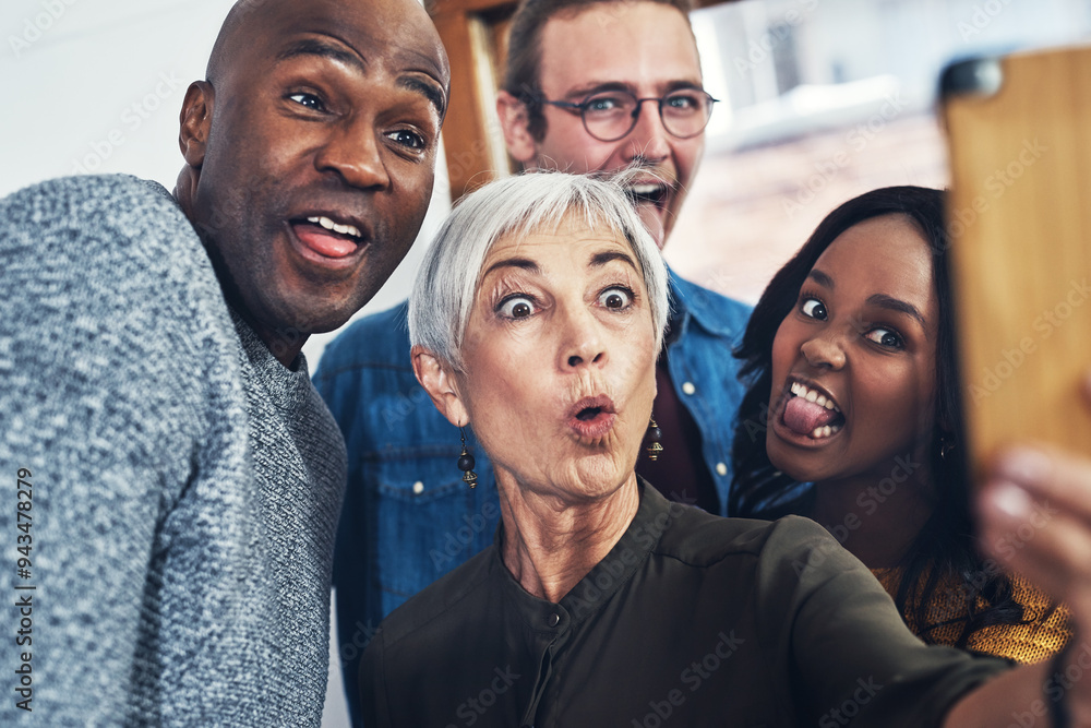 Poster Business, employees and funny face with selfie at office on break for social media, profile picture and team building. Diversity, people and smile or excited for teamwork, collaboration and memories