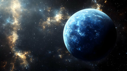 A blue planet with a bright star and nebula in the background.