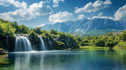 Fototapeta premium Serene Waterfall and Lake in a Mountainous Landscape