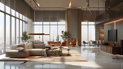 A modern spacious apartment room with big glass window and city view, modern luxurious designer apartment