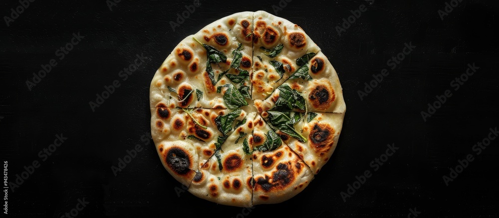 Poster top view of a gozleme a turkish flatbread filled with greens and cheese set against a black backgrou