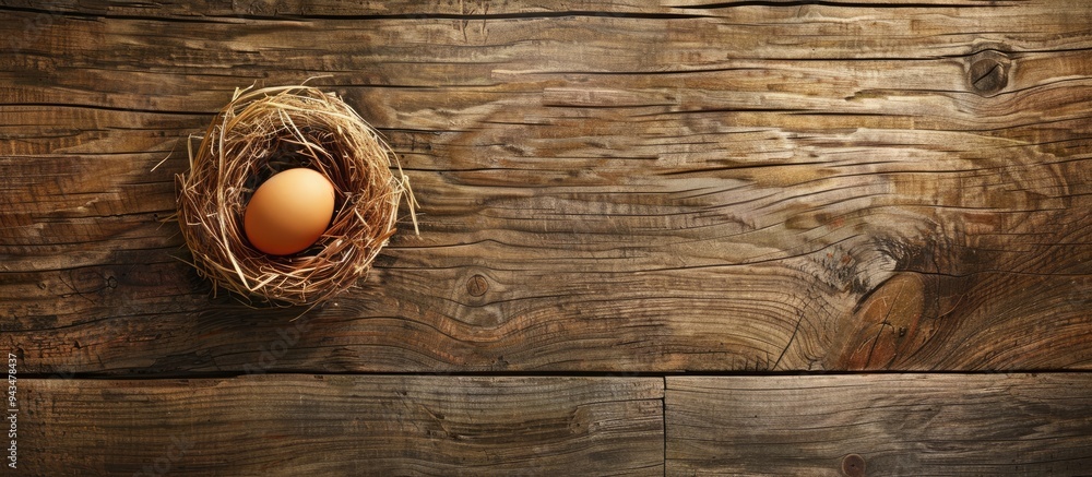 Wall mural Wooden background with an egg in a nest perfect for Easter celebrations Includes copy space image