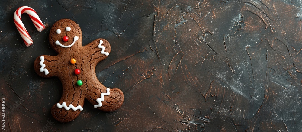 Aufkleber A chocolate coated gingerbread man cookie with a cane and colorful icing on a dark background viewed from the top with space for text or image. Creative banner. Copyspace image