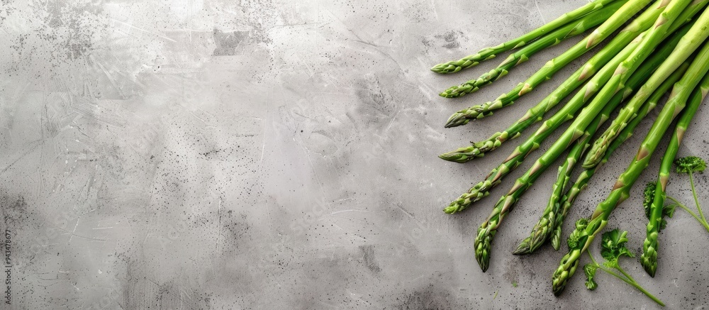 Leinwandbilder top view of fresh asparagus on a concrete surface with copy space image