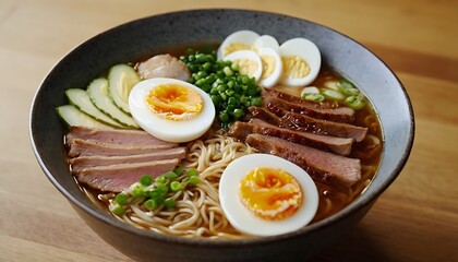 Delicious Japanese Ramen with chicken, Mushrooms, Eggs, noodles, meat in bowl