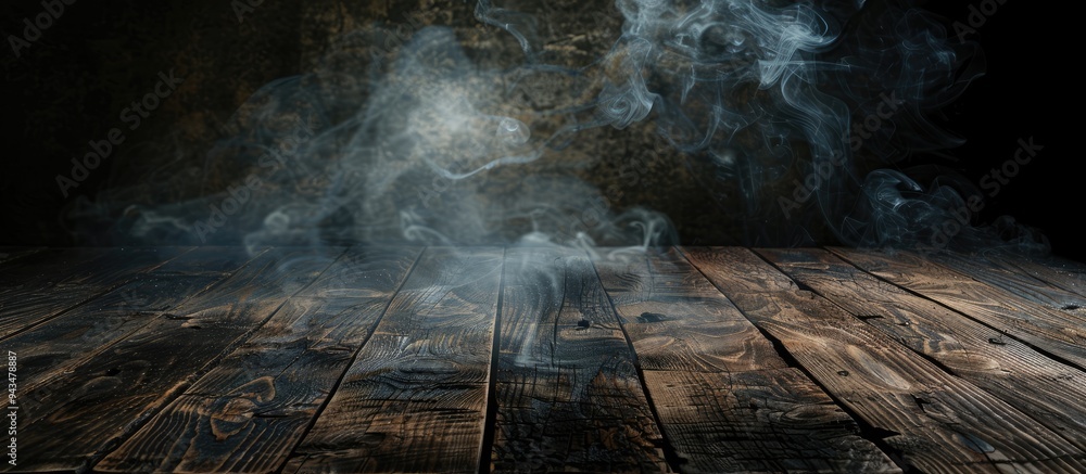 Poster a dark background enhances the visual appeal of an empty wooden table with smoke rising creating an 