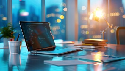 Laptop on Desk with City View and Sunset