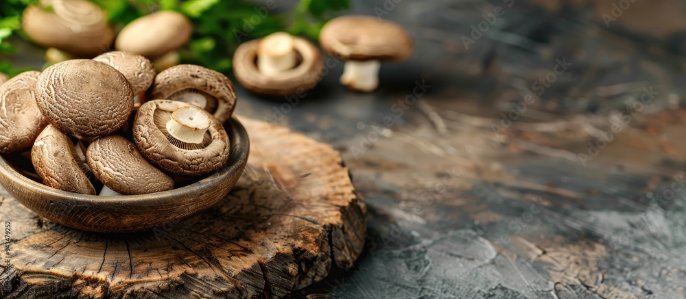 Poster shiitake dried mushroom dish displayed on a rustic tabletop with a food background ideal for keto pa
