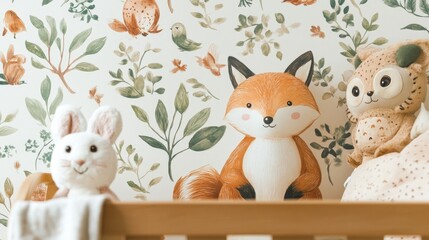 Fototapeta premium Charming woodland creatures wallpaper featuring foxes, rabbits, and owls, ideal for a cozy and nature-inspired nursery.