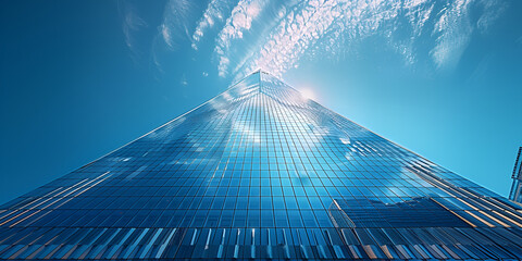 Futuristic glass skyscraper reflecting the sky with clouds, Modern high-rise building with blue glass and architectural design