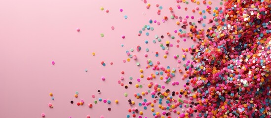 Naklejka premium Top down view of a vivid array of confetti on a pink backdrop with ample copy space image