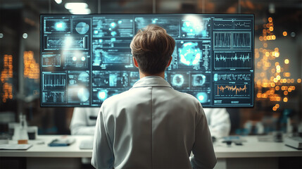 AI Ethics Researcher Conducting Study in Modern AI Ethics Lab with Advanced Data Displays
