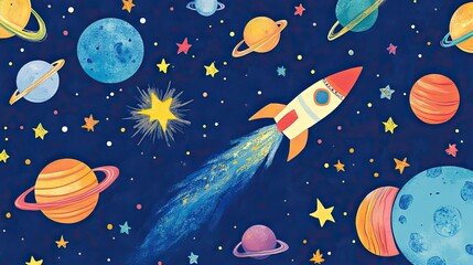 Colorful space-themed wallpaper featuring rockets, planets, and stars, perfect for a child's adventurous bedroom.