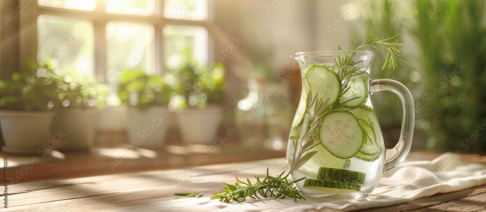 Poster Close up of a jug with cucumber water and rosemary on a blurred background ready for text placement in the copy space image