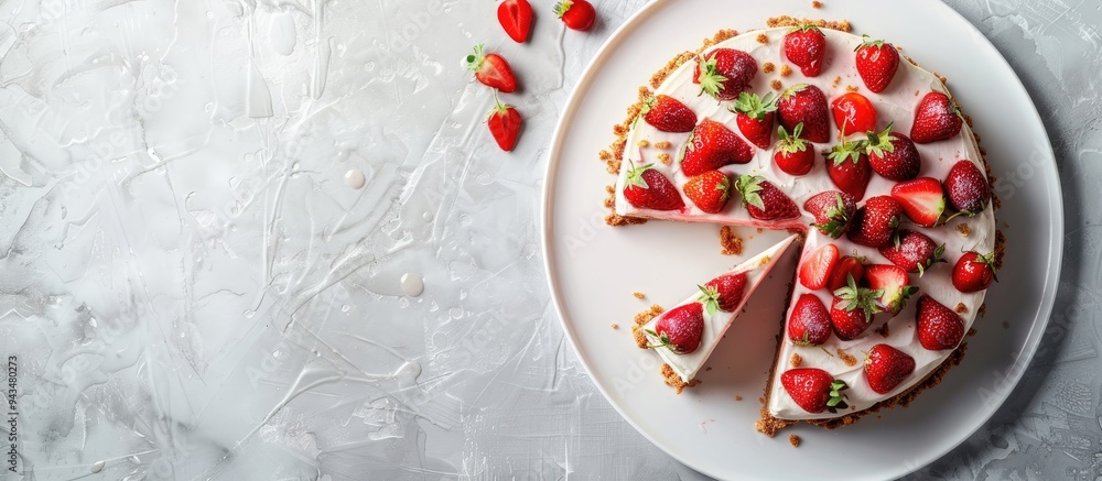 Poster Top down view of a scrumptious strawberry crumble cake with fresh slices on a blank copy space image