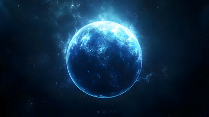 A blue planet with a glowing surface in space.