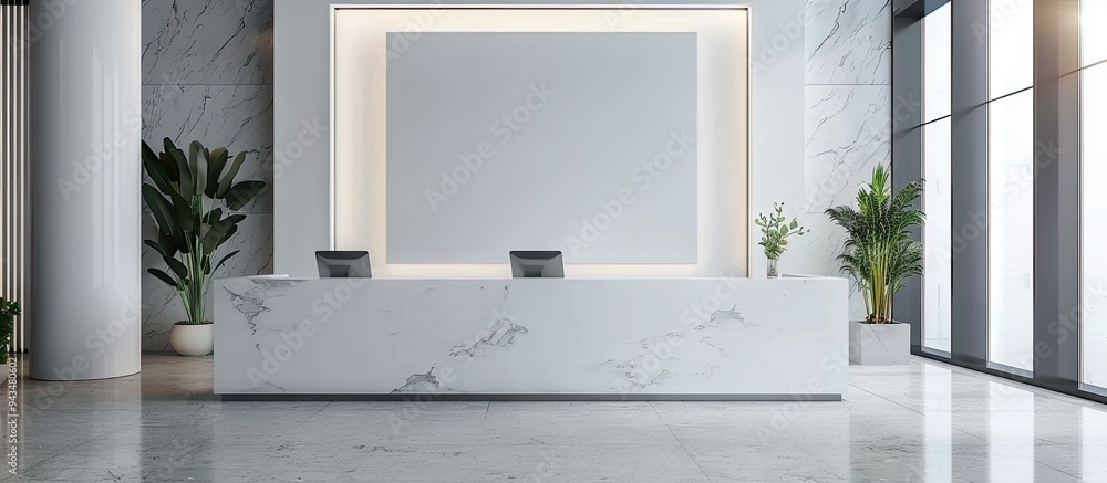 Poster banner with a modern business reception background features a logo on a white frame mockup with a co