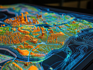 Technical aerial visual, 3D LiDAR GIS aerial map satellite scan model isolated, showing Coquitlam, Canada. Elevation, topography, render