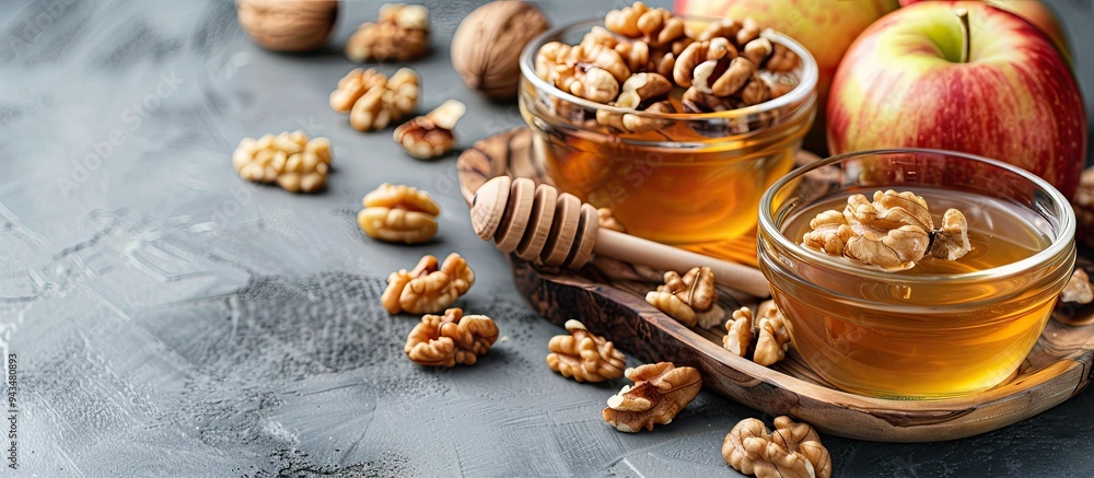 Poster Sweet honey bowls with walnuts and apples displayed on a grey backdrop with copy space image