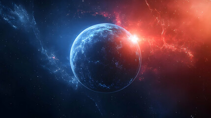 Obraz premium A blue planet with a red nebula in the background.