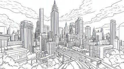 Hand drawn illustration of a city skyline with skyscrapers and an elevated highway.