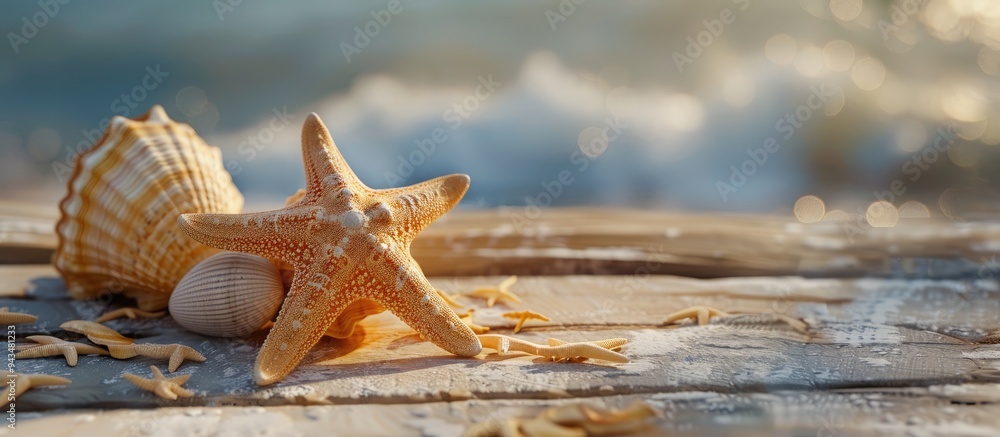 Poster A summer themed setting with seashells or starfish on a table providing a backdrop for text in a copy space image
